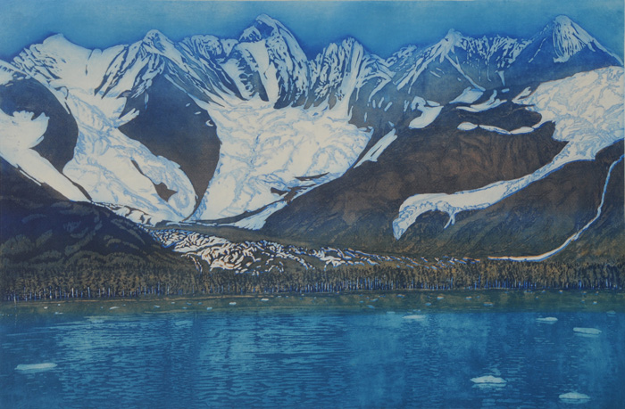 etching titled Three Glaciers, Prince William Sound, Alaska” />
</td></tr>
<tr><td>
<small><b><i>Three Glaciers, Prince William Sound, Alaska</i></b><br/>
		Etching and Woodcut   
	24